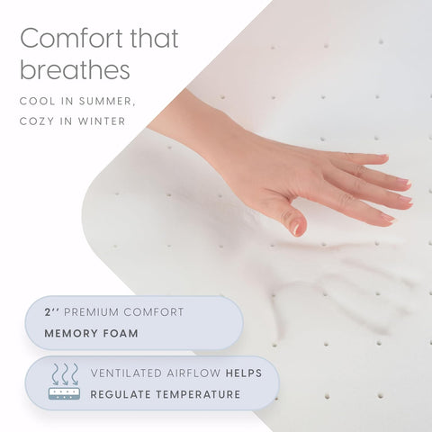 Milliard 2-Inch Ventilated Memory Foam Crib and Toddler Bed Mattress Topper with Removable Waterproof 65-Percent Cotton Non-Slip Cover - 52" x 27" x 2" White
