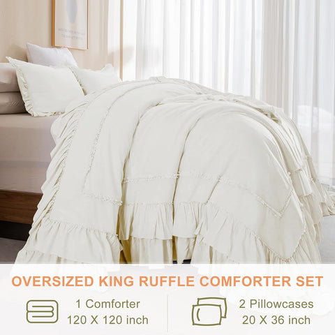 Ivory Ruffled Oversized King Comforter 120x120,3PCs