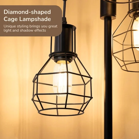 EDISHINE 62" Industrial Black Floor Lamp – Dimmable 3-Light Metal Tree Standing Lamp | 3 LED Bulbs Included