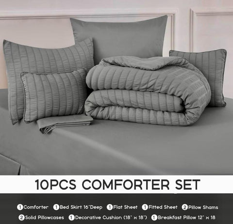 10-Piece Grey Solid Color Microfiber King Bed in a Bag