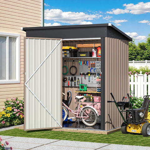 AECOJOY 3x5 FT Galvanized Steel Outdoor Storage Shed with Floor, Small Metal Garden Tool Shed with Sloped Roof & Lockable Double Hingled Doors,Gray