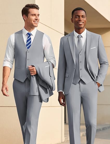 Men's Slim Fit Suit One Button 3-Piece Blazer- Gray
