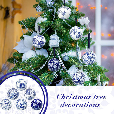 Cindeer 12 Pcs Blue and White Christmas Porcelain Balls, Elegant Style