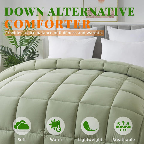 King Size Down Alternative Comforter, Sage Green, 102" x 90", Soft Reversible Hotel-Style Bedding