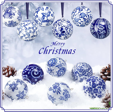 Cindeer 12 Pcs Blue and White Christmas Porcelain Balls, Elegant Style