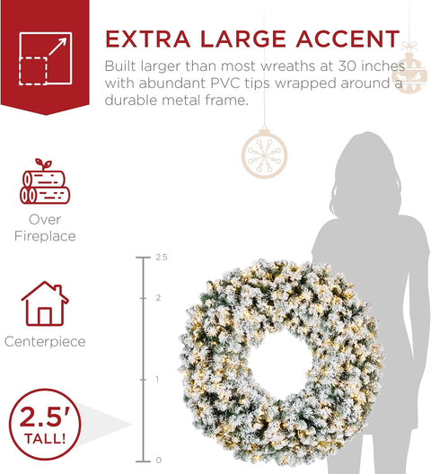 Best Choice Products 30in Large Flocked Artificial Pre-Lit Fir Christmas Wreath Holiday Accent Decoration w/ 100 2-in-1 LED Lights, 220 PVC Tips