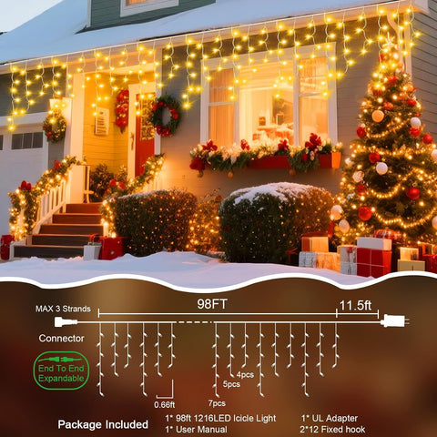 98 Ft Outdoor Christmas String Lights, 1,216 LED, 8 Modes & Timer, Warm White