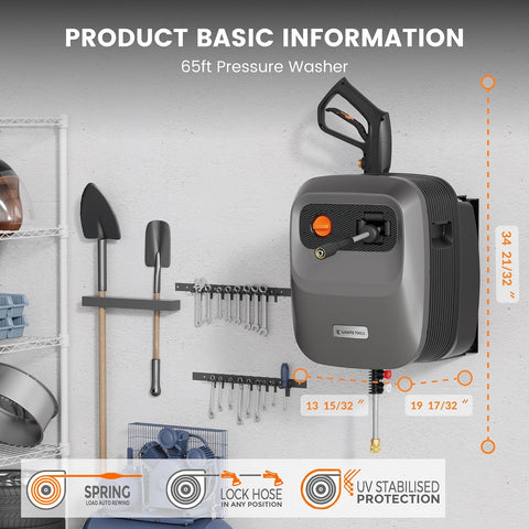 Giraffe Tools Grandfalls Retractable Wall Mount Pressure Washer G20, 65FT