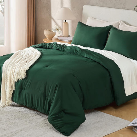 3-Piece Dark Emerald Green Queen Comforter Set – Boho Reversible Down Alternative
