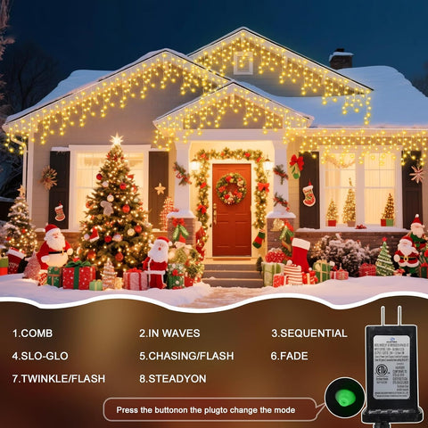 98 Ft Outdoor Christmas String Lights, 1,216 LED, 8 Modes & Timer, Warm White