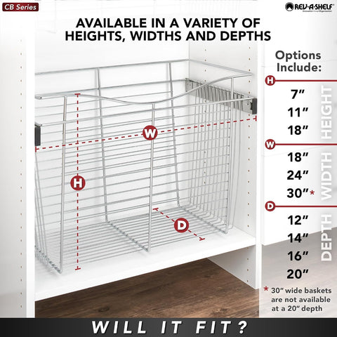 Rev-A-Shelf Chrome 18" Wire Pullout Basket for 20" Deep Closet, 18" H