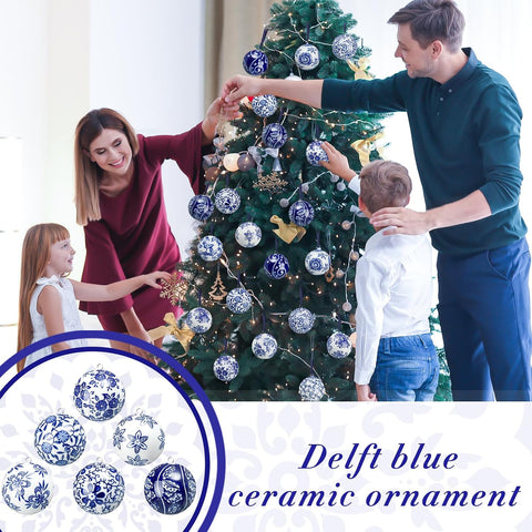 Cindeer 12 Pcs Blue and White Christmas Porcelain Balls, Elegant Style