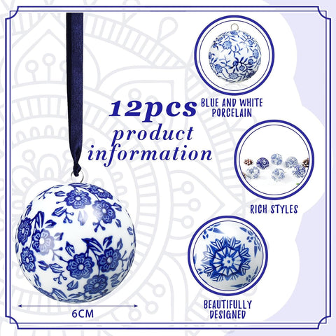 Cindeer 12 Pcs Blue and White Christmas Porcelain Balls, Elegant Style