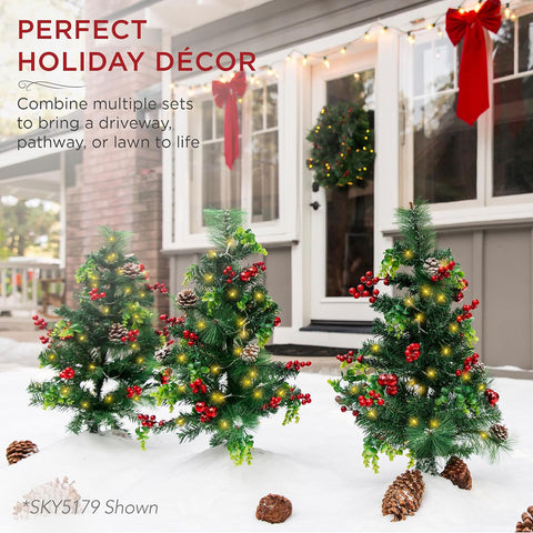 Best Choice Products Set of 2 24.5in Outdoor Scotch Pine Pathway Christmas Trees, Battery Operated Pre-Lit Holiday Décor w/LED Lights