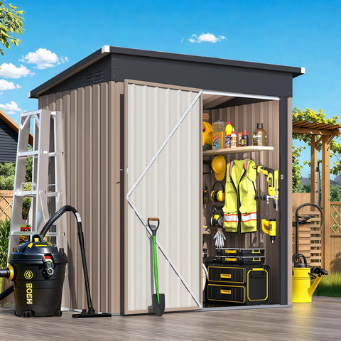 AECOJOY 3x5 FT Galvanized Steel Outdoor Storage Shed with Floor, Small Metal Garden Tool Shed with Sloped Roof & Lockable Double Hingled Doors,Gray