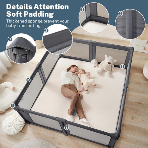 Baby Playpen Portable Pre-Assembled 71"x79" Large Foldable Play Yard for Babies & Toddlers with Carry Bag - Dark Grey