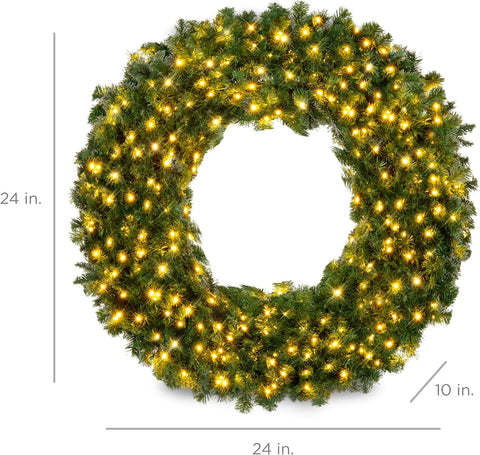 Best Choice Products 24in Large Artificial Pre-Lit Fir Christmas Wreath Holiday Accent Decoration w/ 50 LED Lights, 100 PVC Tips