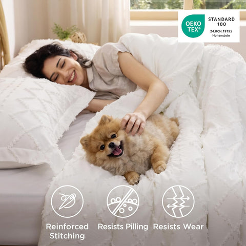 Bedsure King Comforter Set – White Boho Tufted Farmhouse Bedding, 3 Pieces