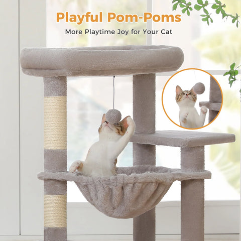 PAWZ Road 36" Cat Tree for Indoor Cats – Cat Condo, Scratch Posts, Cozy Hammock & Scratch Ladder | Gray