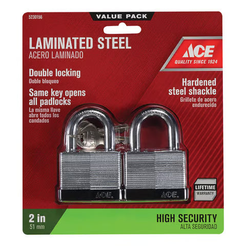 Ace Laminated Steel Double Locking Padlock, 1-1/2 in. H x 2 in. W x 1-1/16 in. L