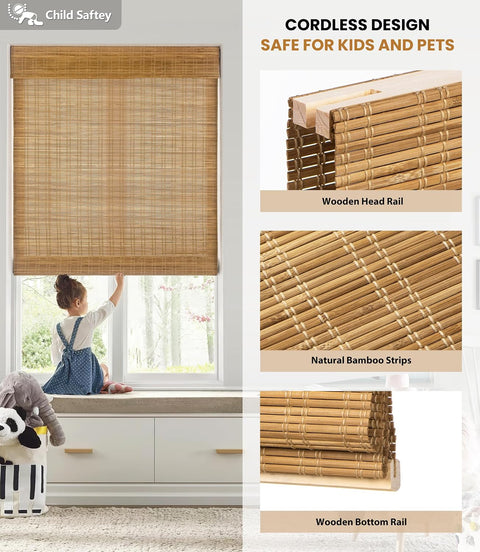 LazBlinds No Drill Bamboo Roman Shades, 31x64, Ceylon Light Russet