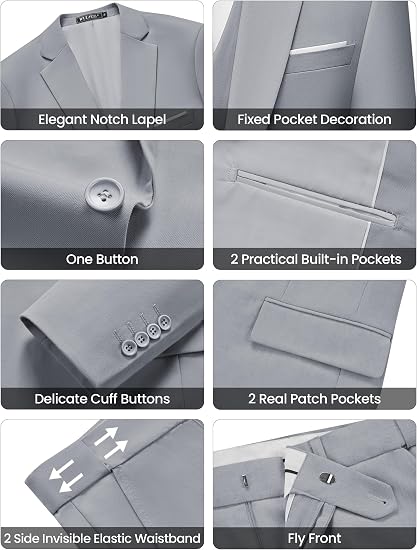 Men's Slim Fit Suit One Button 3-Piece Blazer- Gray
