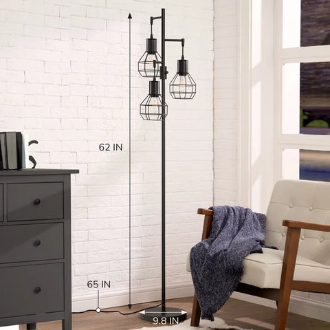 EDISHINE 62" Industrial Black Floor Lamp – Dimmable 3-Light Metal Tree Standing Lamp | 3 LED Bulbs Included