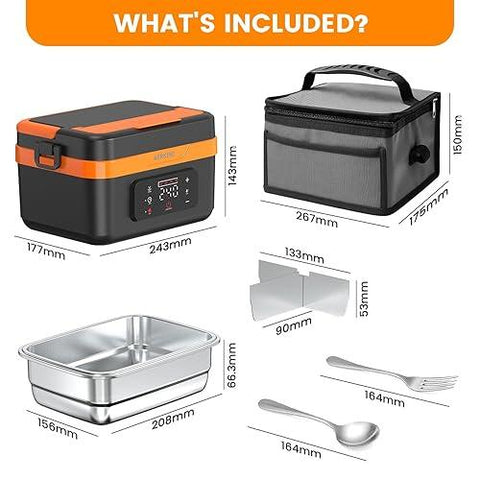 AERKINE Electric Lunch Box – Rechargeable 75W Self-Heating Food Warmer with 1.5L Stainless Steel Container (Orange)