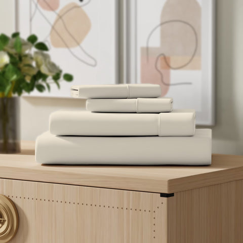 Color Sense Cool & Crisp Percale Cotton Sheet Set with Pillowcases, Queen, Ivory
