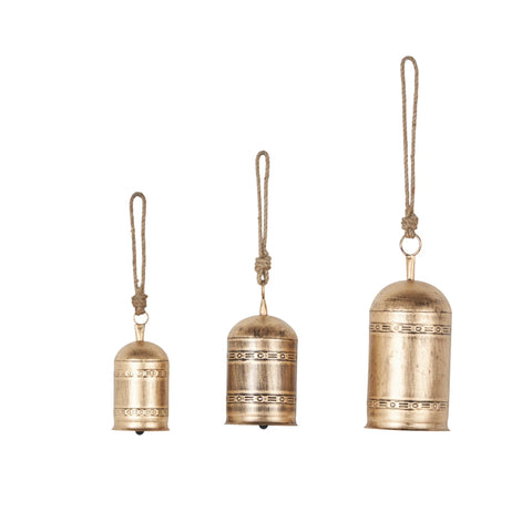 DecMode Gold Metal Decorative Hanging Bell Chime Set of 3 12", 11", 9"H