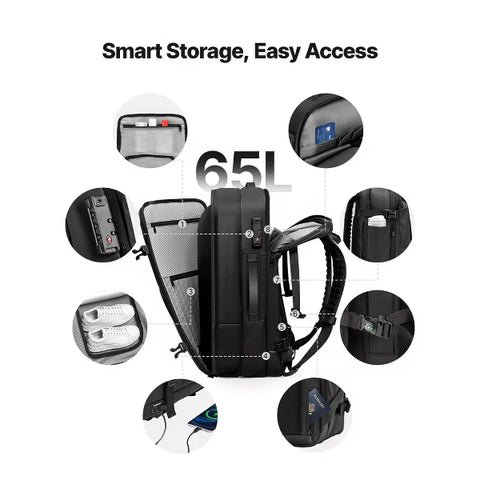 VEVOR Vacuum Travel Backpack, 65L, Expandable Vacuum Seal Compression Travel Backpack, with TSA-Approved Lock, Black (NO PUMP)