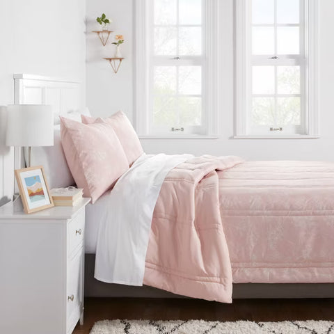 Twin/Twin Extra Long Lofty Microfiber Printed Comforter Light Pink/White Floral - Room Essentials™: Year-Round Bedding, OEKO-TEX Certified