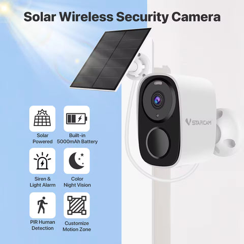 Vstarcam 2K Solar Security Cameras Wireless Outdoor Battery Powered Security Camera PIR Motion Alarm Cloud Storage Two Way Audio