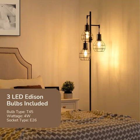 EDISHINE 62" Industrial Black Floor Lamp – Dimmable 3-Light Metal Tree Standing Lamp | 3 LED Bulbs Included
