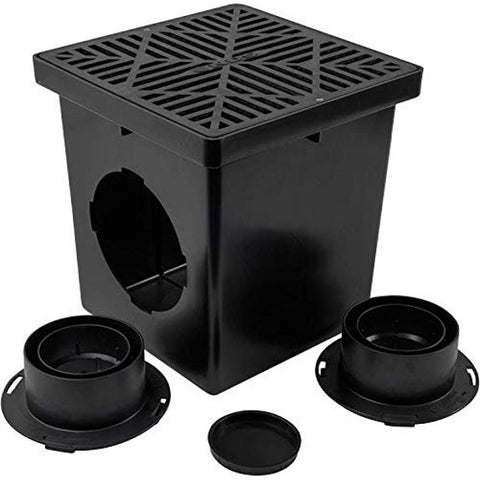 NDS 12-Inch Square Catch Basin Drain Kit with Grate, 2 Adapters & Outlet Plug – Black