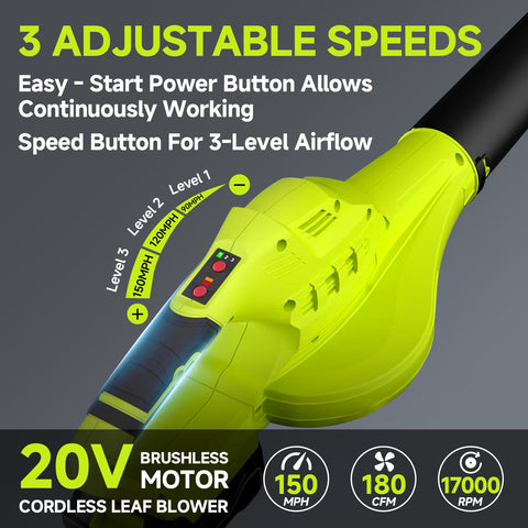 Pulituo 20V Cordless Leaf Blower with 4.0Ah Battery & Charger, 150MPH, 3 Speeds, Lightweight Yard Blower