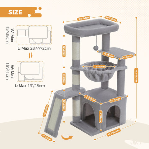 PAWZ Road 36" Cat Tree for Indoor Cats – Cat Condo, Scratch Posts, Cozy Hammock & Scratch Ladder | Gray