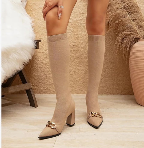 Women's Stretch Knit Knee High Boots – Chunky Heel Non-Slip | Apricot | Size 8